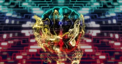 Image of digital brain over neon shapes moving Illustrazione stock