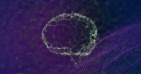 Image of digital brain over spots on blue background Stock Photos