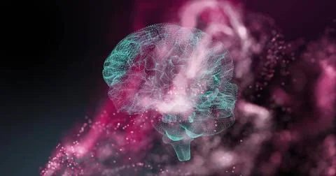Image of digital brain spinning over pink spots Illustrazione stock
