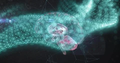 Image of digital brain spinning over green spots Stock Illustration