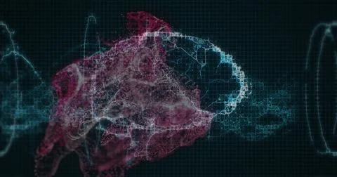 Image of digital brain spinning over shapes moving Stock Illustration