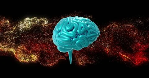 Image of digital brain spinning over yellow and orange spots Illustrazione stock