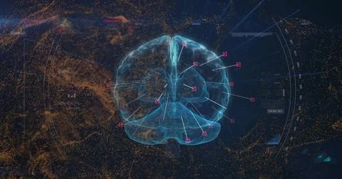 Image of digital brain spinning over data processing Stock Illustration