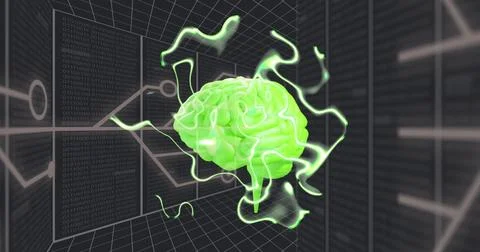 Image of digital brain spinning over connections Stock Photos