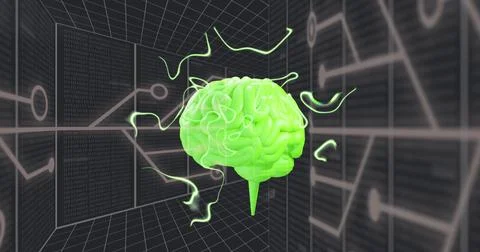 Image of digital brain spinning over connections 스톡 사진