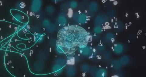 Image of digital brain spinning over media icons Stockfoto's