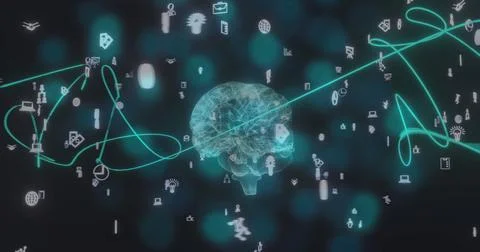 Image of digital brain spinning over media icons Stock Photos