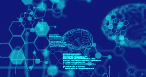 Image of digital brains medical data processing and information flowing on blue Stock Illustration