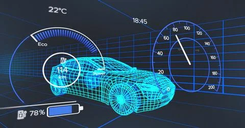 Image of digital car interface and data processing over 3d model of car Stock Photos