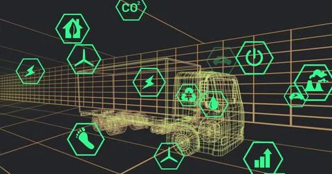 Image of digital car interface and eco icons over 3d model of car Foto stock