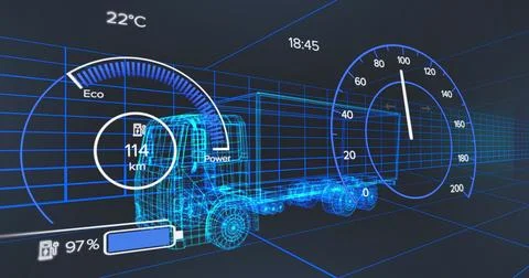 Image of digital car interface and data processing over 3d model of car Stock Photos