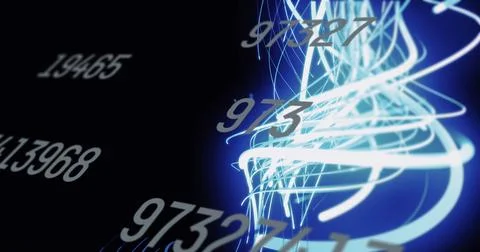 Image of digital changing numbers and illuminated light stripes on black イラスト素材