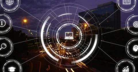 Image of digital cions and data processing over cityscape Stock-Fotos