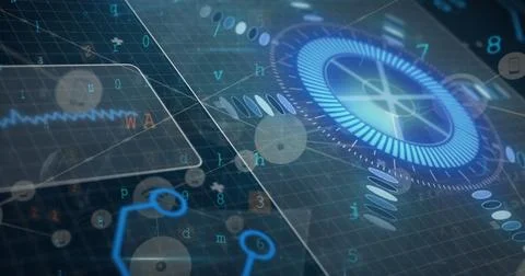 Image of digital circle, floating icons and programming language over abstract Stock Photos