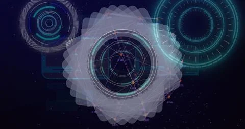 Image of digital circles and dots interconnecting with lines on abstract Stock Photos