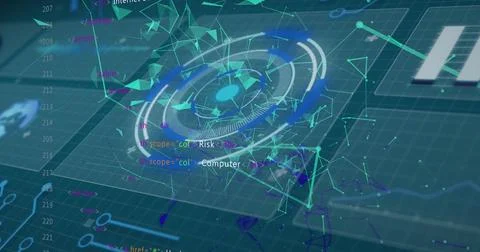 Image of digital circles, dots connected with lines and programming codes on Stock Illustration