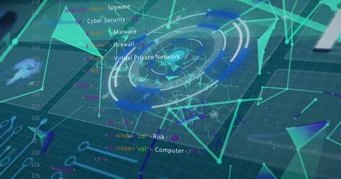 Image of digital circles, dots connected with lines and programming codes on Stock Illustration