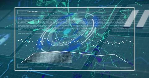 Image of digital circles, dots connected with lines and programming codes moving Stock Illustration