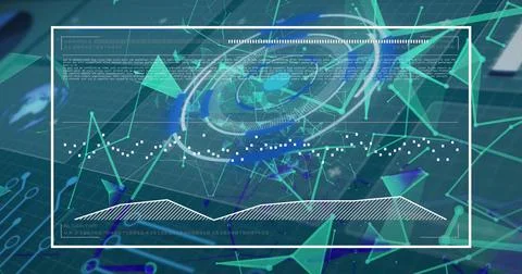 Image of digital circles, dots connected with lines and programming codes moving Stock Illustration