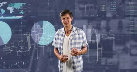 Image of digital city and data processing over caucasian man Stock Photos