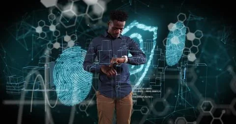 Image of digital city and data processing over african american man using Stock Photos