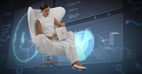 Image of digital city and data processing over caucasian woman using laptop Foto stock