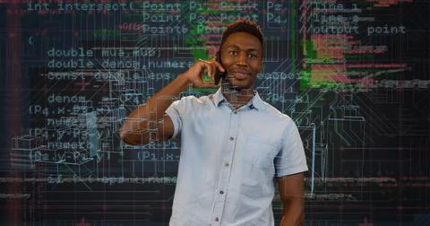 Image of digital city and data processing over african american man talking on Stock Photos