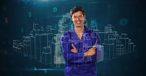 Image of digital city and data processing over caucasian man smiling Stock Photos