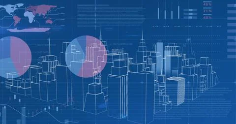 Image of digital city over data processing on blue background Stock Illustration