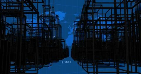 Image of digital city over data processing and world map on blue background Stock Photos