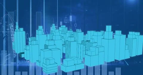 Image of digital city over data processing on blue background Foto stock