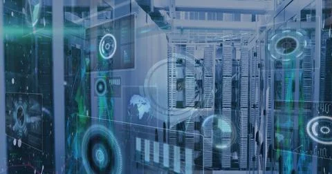 Image of digital clock, globes, radar and computer language over server racks Illustrazione stock