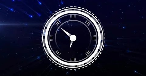 Image of digital clock in loading circles with lens flare moving against black Ilustración de archivo