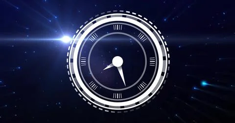 Image of digital clock in loading circles with lens flare moving against black Ilustración de archivo
