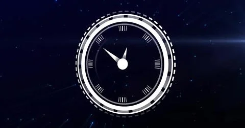 Image of digital clock in loading circles with lens flare moving against black Ilustración de archivo