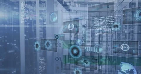 Image of digital clock, radars, globe, computer language against server racks in Illustrazione stock