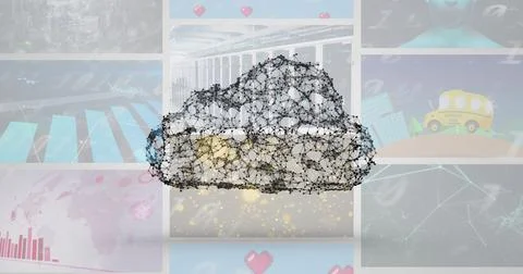 Image of digital cloud and data processing on screens Illustrazione stock