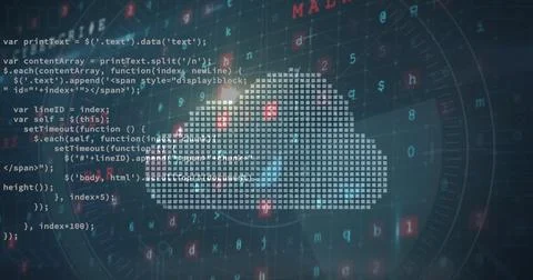 Image of digital cloud and data processing on dark background Illustrazione stock