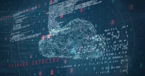 Image of digital cloud and data processing on dark background Illustrazione stock