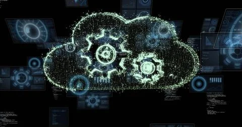 Image of digital cloud with cogs and data processing on black background Illustrazione stock