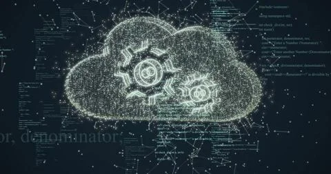 Image of digital cloud with cogs over data processing on black background Stock Illustration