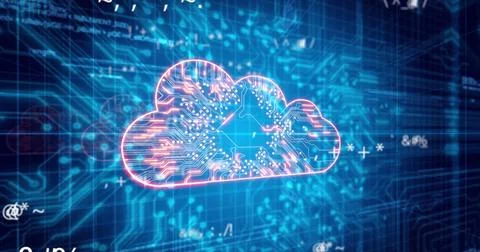 Image of digital cloud, math symbols and integrated circuit on blue background Stock Photos