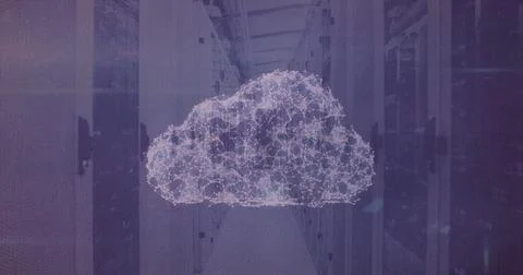 Image of digital cloud over computer servers in tech room Stock Photos