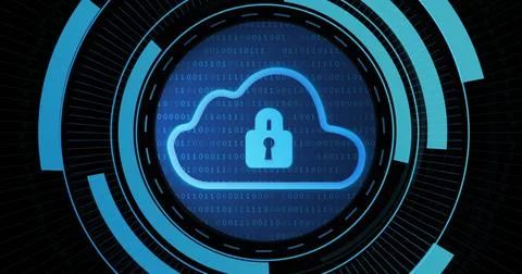 Image of digital cloud with padlock in processing circle on black background Stockfoto's