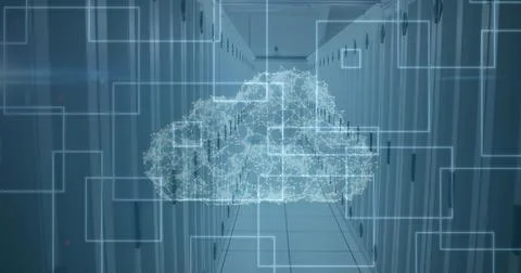 Image of digital cloud with squares over tech room with computer servers Stock Photos