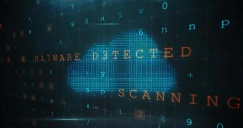 Image of digital cloud, virus warning and data processing on dark background Illustrazione stock