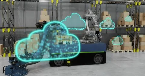 Image of digital clouds and data processing over warehouse Foto stock