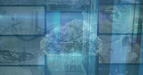 Image of digital clouds and data on screens over blue background Stockfoto's