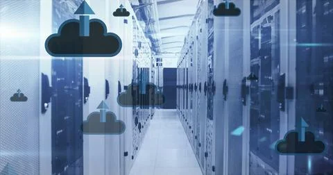 Image of digital clouds with arrows and data processing over computer servers Foto stock