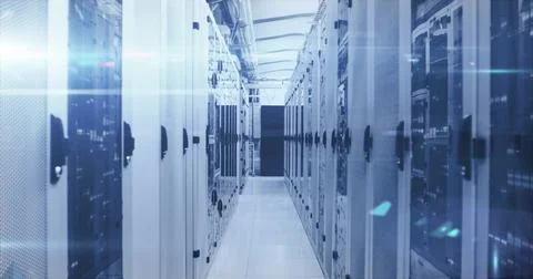 Image of digital clouds with arrows and data processing over computer servers Stockfoto's